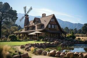 AI generated wooden house at the foot of the mountain professional photography photo