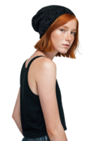 AI generated a young woman with freckles in a beanie png