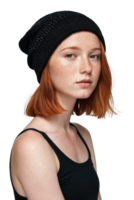 ai gerado uma jovem mulher com sardas dentro uma gorro png