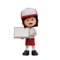 3D girl Character Holding and Presenting to a Laptop with Empty Screen png