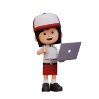 3D cute girl character give a thumb up while holding a laptop png