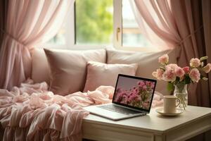 AI generated working in bed with laptop professional photography photo