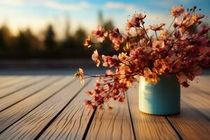 AI generated wooden table with flowers in the background professional photography photo