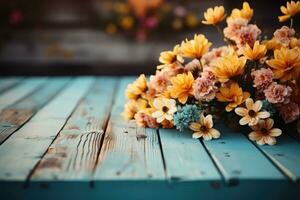 AI generated wooden table with flowers in the background professional photography photo