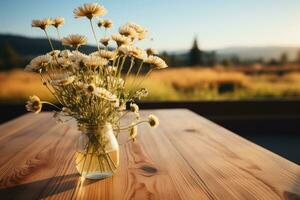 AI generated wooden table with flowers in the background professional photography photo