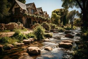 AI generated wooden house at the foot of the mountain professional photography photo