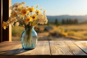 AI generated wooden table with flowers in the background professional photography photo