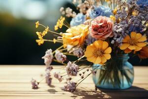 ai generado de madera mesa con flores en el antecedentes profesional fotografía foto