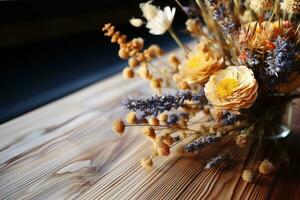 ai generado de madera mesa con flores en el antecedentes profesional fotografía foto