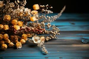 ai generado de madera mesa con flores en el antecedentes profesional fotografía foto