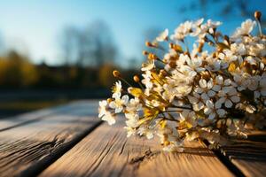 AI generated wooden table with flowers professional photography photo