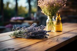 AI generated wooden table with flowers in the background professional photography photo