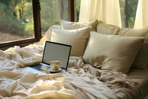 AI generated working in bed with laptop professional photography photo