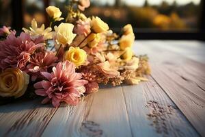 AI generated wooden table with flowers in the background professional photography photo