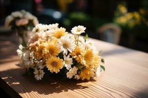 AI generated wooden table with flowers professional photography photo