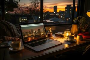 ai generado trabajando en cama con ordenador portátil profesional fotografía foto