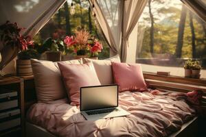 AI generated working in bed with laptop professional photography photo