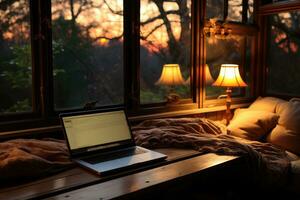 AI generated working in bed with laptop professional photography photo