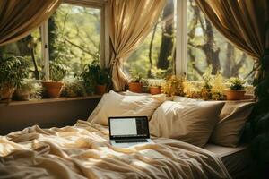 AI generated working in bed with laptop professional photography photo