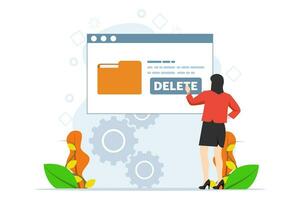 Browse delete files and move unneeded files to the large trash bin. woman deletes documents with software User deletes folder with documents. Erase digital memory. flat vector illustration.