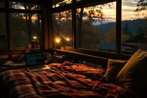 AI generated working in bed with laptop professional photography photo