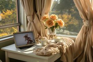 AI generated working in bed with laptop professional photography photo