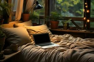 AI generated working in bed with laptop professional photography photo
