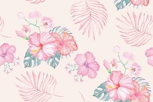 Designed with floral patterns painted with watercolors with elegant patterns.Seamless pattern of hibiscus flowers and tropical leaves on the Rose background.Bright fabric pattern in summer. vector