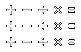 Basic math symbols. Addition, subtraction, division, multiplication, and equality icon vector in line style
