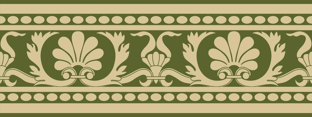 Vector gold and green seamless classic renaissance ornament. Endless european border, revival style frame
