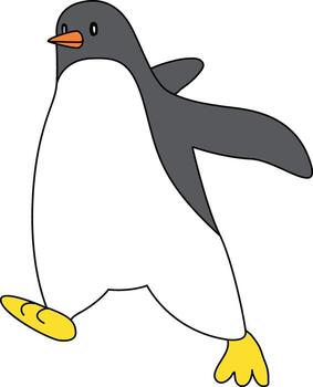 Cute cartoon penguin with simple lines, the penguin standing, running, jumping, sliding, and striking various poses. The cartoon penguin in the icy world joyful. vector