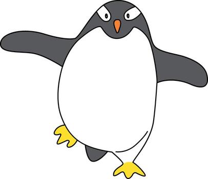Cute cartoon penguin with simple lines, the penguin standing, running, jumping, sliding, and striking various poses. The cartoon penguin in the icy world joyful. vector
