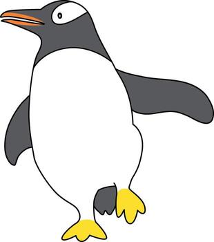 Cute cartoon penguin with simple lines, the penguin standing, running, jumping, sliding, and striking various poses. The cartoon penguin in the icy world joyful. vector