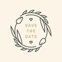 Wedding invitation card template. Vector. Thin line geometric badge. Outline icon for save the date invitation card design. Modern minimalist design with leaf, flowers decor vector
