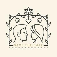 Wedding invitation card template. Vector. Thin line geometric badge. Outline icon for save the date invitation card design. Modern minimalist design with newlyweds and leaf decor vector