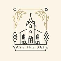 Wedding invitation card template. Vector. Thin line geometric badge. Outline icon for save the date invitation card design. Modern minimalist design with wedding church and leaf decor vector