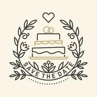 Wedding invitation card template. Vector. Thin line geometric badge. Outline icon for save the date invitation card design. Modern minimalist design with wedding cake and leaf decor vector