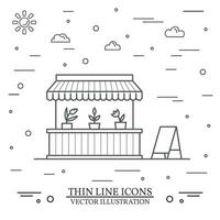 Modern minimalist flower street cart design with announcement board. Thin line icon shop or market store front. For web design and application interface, also useful for infographics. vector