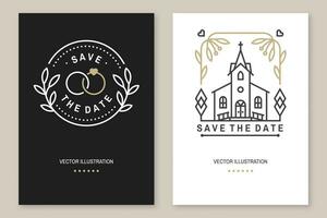 Wedding invitation card template. Vector Thin line geometric badge. Outline icon for save the date invitation card design. Modern minimalist design with wedding church, arch, rings and leaf, flowers