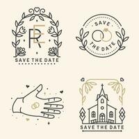 Wedding invitation card template. Vector Thin line geometric badge. Outline icon for save the date invitation card design. Modern minimalist design with wedding church, arch, rings and leaf, flowers