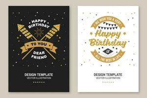 Happy Birthday to you dear friend. Badge, card, with sparkling firework rockets, firework and ribbon. Vector. Vintage typography design for birthday celebration emblem in retro style vector