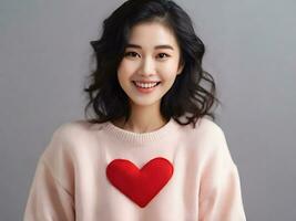 Cheerful Woman in Red Heart Sweater Asian Model photo