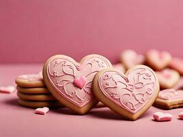 AI generated Close-Up Heart Shaped Cookies Pink Background photo