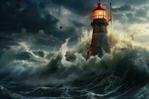 AI generated Lighthouse in stormy sea. 3D illustration. Elements of this image furnished by NASA, An old lighthouse during a violent storm with crashing waves, AI Generated photo