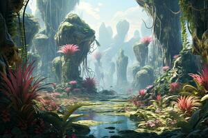 AI generated Fantasy landscape with ferns and plants. 3d render, AI Generated photo