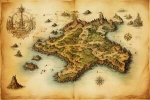 AI generated Old map with an anchor on the background of the sea and mountains, An old treasure map leading to a mysterious island, AI Generated photo