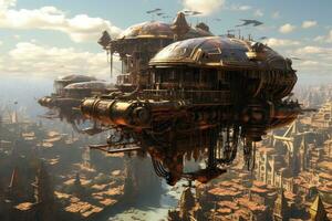 AI generated 3D Illustration of a Fantasy Landscape with a Golden Temple, An intriguing steampunk world with airships cruising amidst high-rises, AI Generated photo