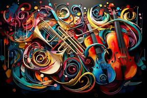 AI generated abstract colorful music background with guitar, saxophone and notes, AI Generated photo