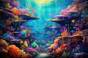 AI generated Underwater world with corals and tropical fish. 3d render, An underwater world teeming with diverse marine life, AI Generated photo