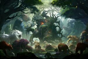 ai generado fantasía escena con fantasía dragones en el bosque. 3d ilustración, un fantasía reino viva con mítico criaturas, ai generado foto
